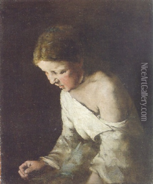 Young Girl Sewing Oil Painting - Theodule Ribot