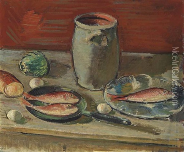 Stilleben Mit Fischen Und Steinkrug Oil Painting - Anton Faistauer