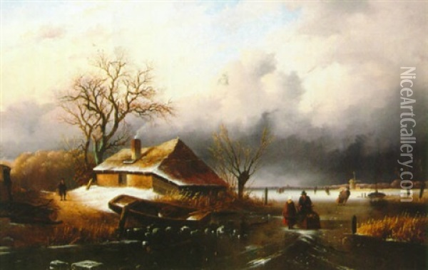Figures In A Winter Landscape Oil Painting - Alexis de Leeuw