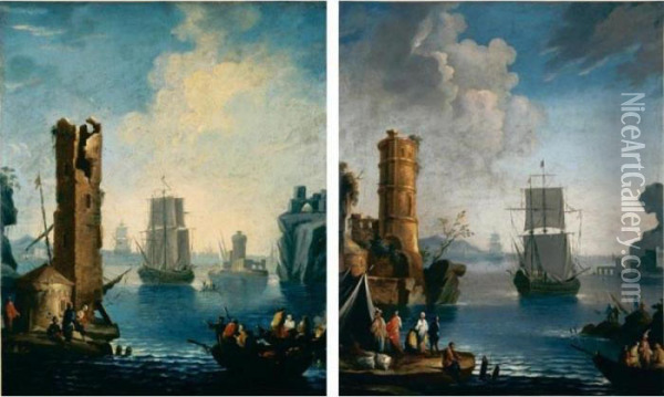 Marine Con Barche, Figure, Mercanti Abbigliati All'orientale E Rovine Oil Painting - Paolo Maria Antoniani