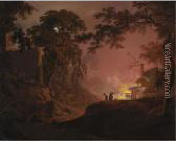 A Cottage On Fire: A Moonlit 
Landscape With Figures By A Burning Cottage And The Ruins Of A Castle 
Beyond Oil Painting - Josepf Wright Of Derby