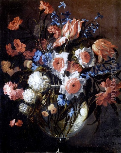 Blumenstraus In Einer Glasvase Auf Einer Steinplinthe Oil Painting - Juan De Arellano
