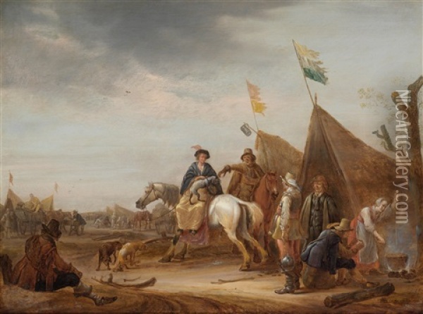 A Military Camp With A Woman On Horseback Oil Painting - Abraham van der Hoef