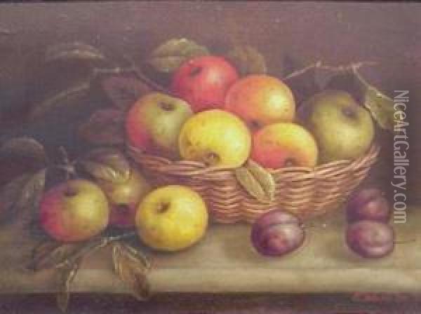 Apples And Plums And Basket Of Grapes: Pair Oil Painting - Edwin Steele