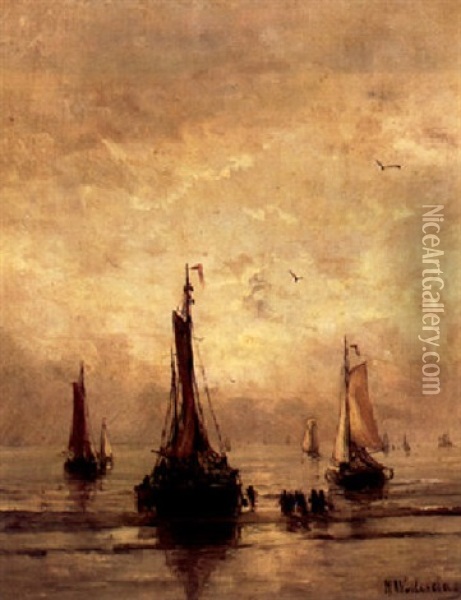 Fishingsmacks On The Beach At Sunset Oil Painting - Hendrik Willem Mesdag