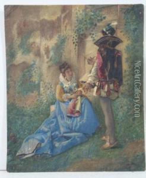 A Gentleman Reading Prose To A Seated Lady Within A Garden Setting Oil Painting - J. Lewis