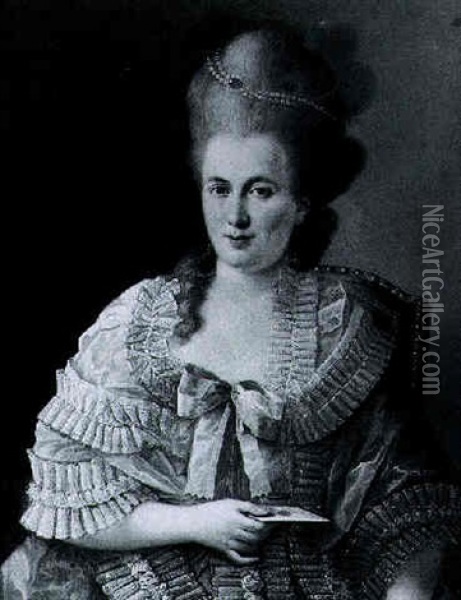Portrait Of A Lady Holding A Letter, Seated, Wearing A Jacket Fastened With A Pink And White Bow, And Pearls In Her Hair Oil Painting - Alexander Roslin