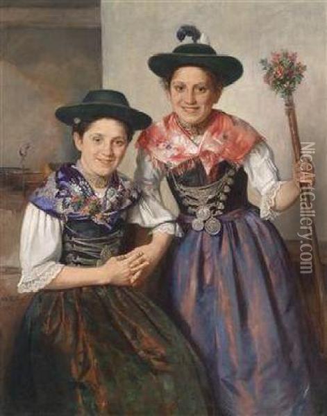 Two Maidens In Festive Costume Oil Painting - Otto Karl Kirberg