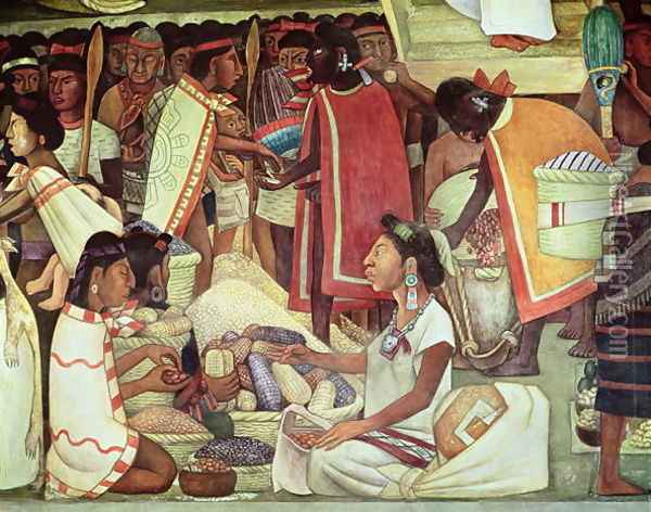 The Great City of Tenochtitlan, detail of women selling maize, 1945 Oil Painting - Diego Rivera