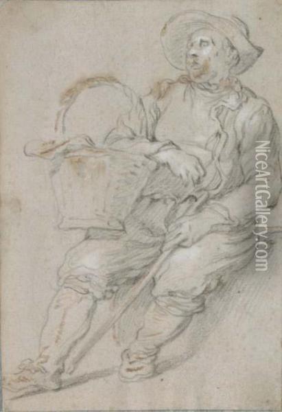A Seated Peasant With A Basket (recto); A Shack By A Fence (verso) Oil Painting - Abraham Bloemaert