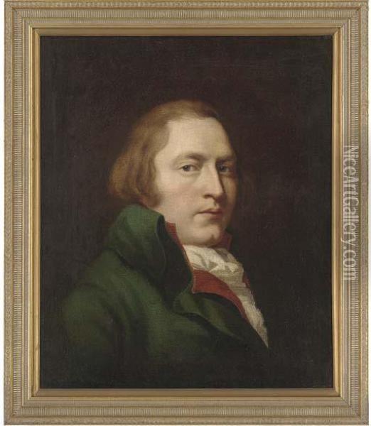 Portrait Of A Gentleman, Bust-length, In A Green Coat And Red Waistcoat Oil Painting - John Opie