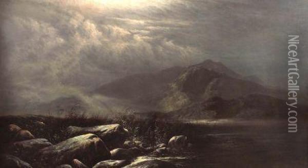 Moonlit Welsh Lakeland Scene Oil Painting - Walter Williams