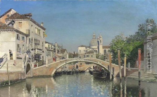 A Venetian Canal With Gondolas, Santa Maria Della Salute Beyond Oil Painting - Martin Rico y Ortega