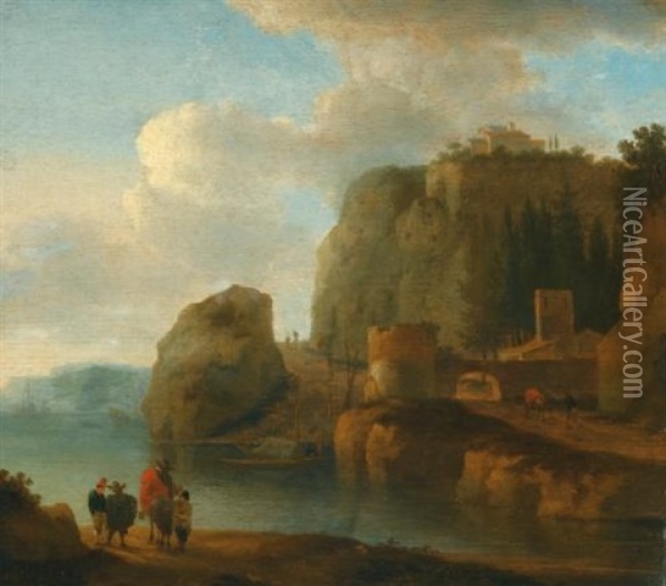 A Rocky River Landscape With Travellers In The Foreground And Ships Beyond Oil Painting - Jan Asselijn