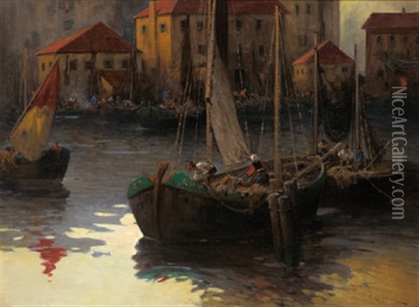 Abendruhe Im Hafen Volosca Oil Painting - Adolf Kaufmann