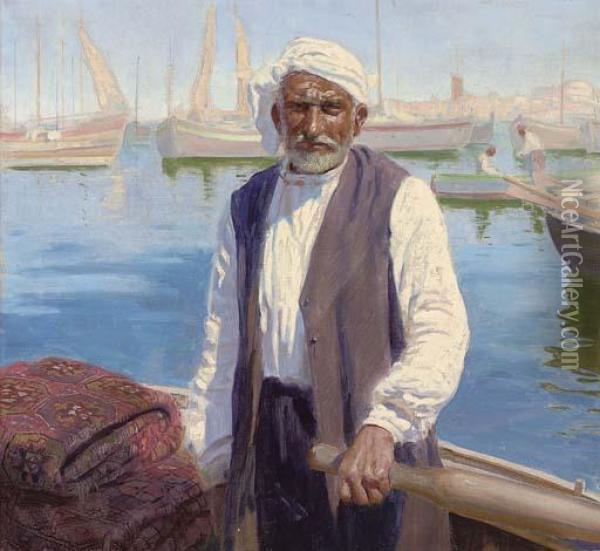 A Carpet Merchant On The Bosphorus Oil Painting - Feliks M. Wygrzywalski