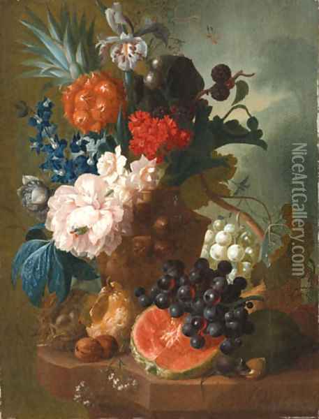 A peony, an iris, a pineapple, blackberries, narcissi and other flowers in a terracotta vase, with a bird's nest, a mouse, a melon, grapes and walnuts Oil Painting - Jan van Os