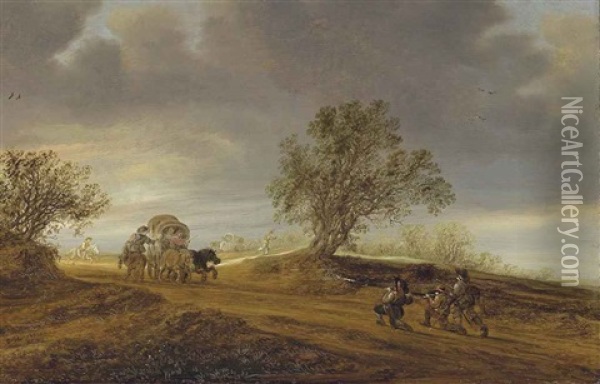 A Dune Landscape With Soldiers Attacking Travellers In A Covered Wagon Oil Painting - Salomon van Ruysdael