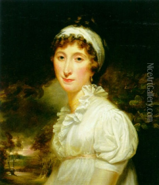 Portrait Of A Woman In A Landscape, Wearing A White Dress With A White Sash In Her Hair Oil Painting - William Owen