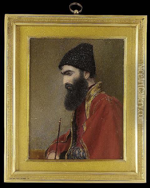 An Ottoman Diplomat, Profile To The Left, Wearing Scarlet Cloak Trimmed With Gold Braid Over Similar Coat And Scarlet Waistcoat, Heavily Embroidered Sash And Black Astraghan Hat, He Holds In His Right Hand A Pipe Oil Painting - Henry Collen