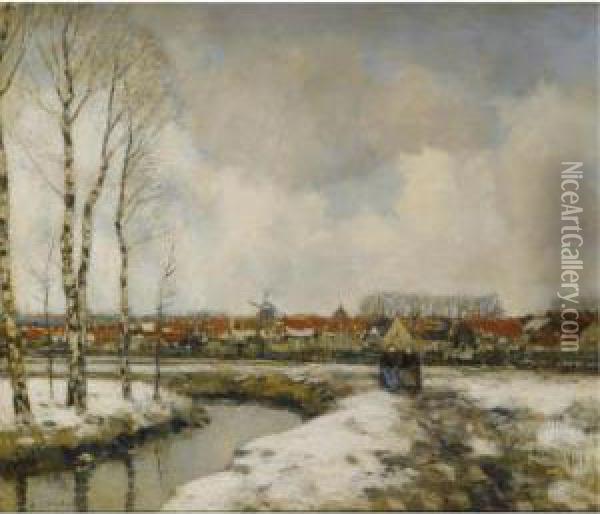 A Winter Townscape With Figures Along A Stream Oil Painting - Louis Willem Van Soest