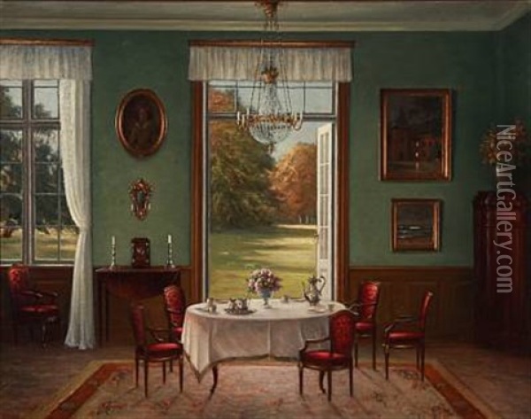 Interior From A Drawing Room With Open Doors With A Park Oil Painting - Hans Hilsoe