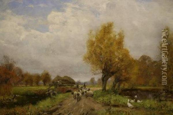 Pastoral Landscape With Sheep And Geese Oil Painting - Henry John Yeend King