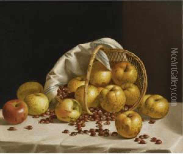 Still Life: Yellow Apples And Chestnuts Spilling From Abasket Oil Painting - John Francis