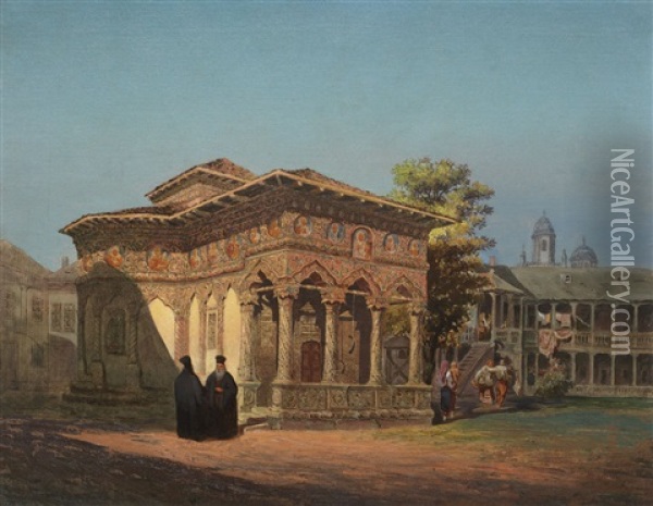 Monks In Front Of The Stavropoleos Monastery, In Light Of The Afternoon Oil Painting - Carol Popp De Szathmari