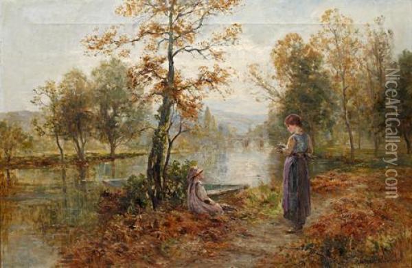 Gathering Sticks On The Riverbank Oil Painting - Ernst Walbourn