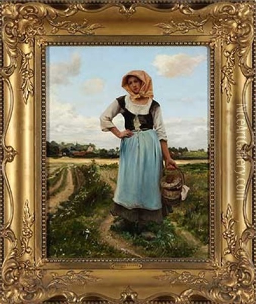 Junge Bauerin Mit Brotzeit Vor Dem Dorf Oil Painting - Georges Laugee
