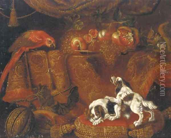 Two spaniels on gold trimmed red cushion Oil Painting - Francesco (Il Maltese) Fieravino