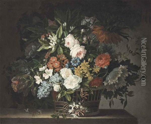 Roses, Parrot Tulips, Carnations, Lilies And Other Flowers In A Wicker Basket On A Stone Ledge Oil Painting - Antoine Monnoyer
