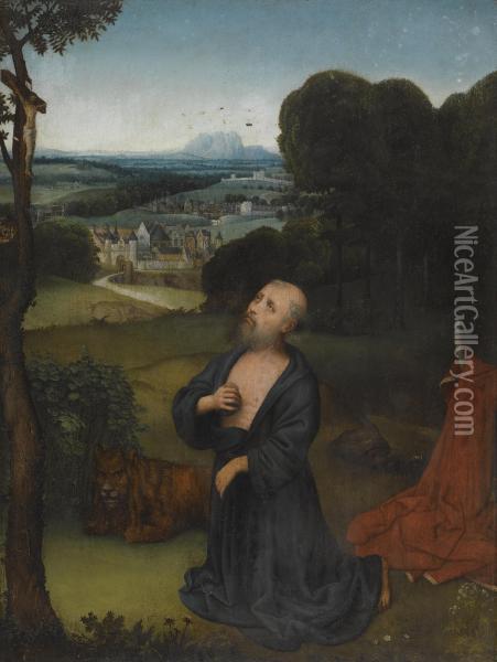 The Penitent St Jerome Kneeling Before A Portable Crucifix, An Extensive Landscape Beyond Oil Painting - Adriaen Isenbrandt (Ysenbrandt)