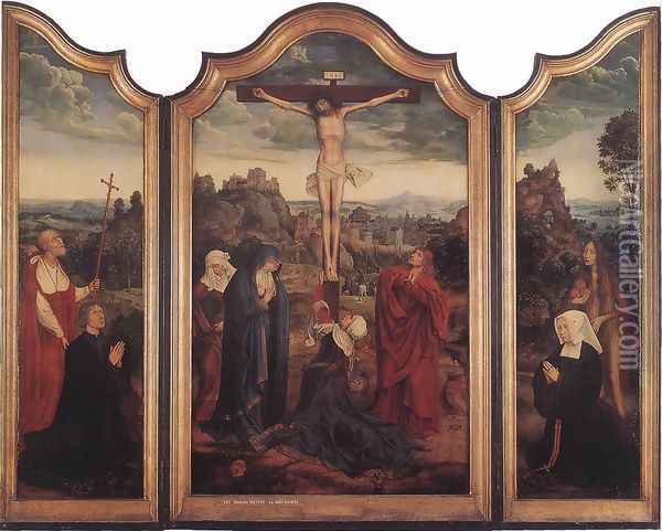 Christ on the Cross with Donors c. 1520 Oil Painting - Quinten Metsys