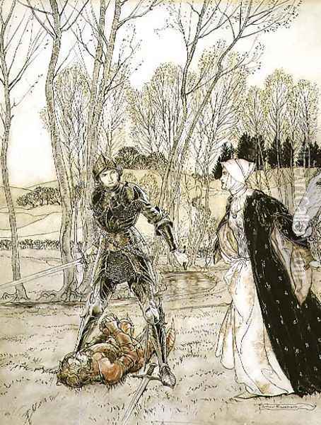 How Beaumains defeated the Red Knight, and always the damosel spake many foul words unto him Oil Painting - Arthur Rackham
