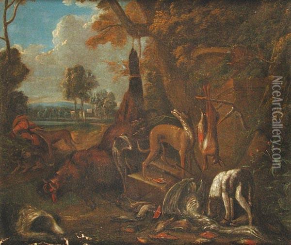 Cerchia Di. Paesaggio Con Cani, Cacciagione E Cacciatore Oil Painting - Jan Weenix