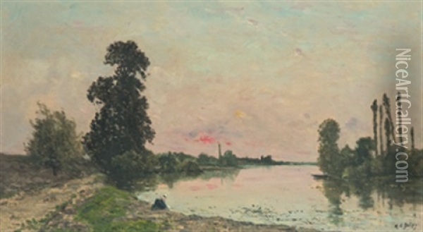 Flodlandskap I Solnedgang Med Tvatterska Oil Painting - Hippolyte Camille Delpy