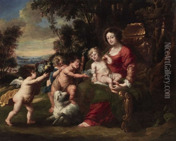 The Virgin With Child, The Infant John The Baptist And Putti Oil Painting - Jan Thomas Van Yperen
