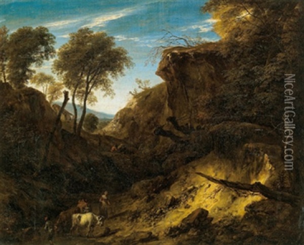 Bewaldete Gebirgslandschaft Mit Hirten Und Herde Oil Painting - Jan Baptist Huysmans
