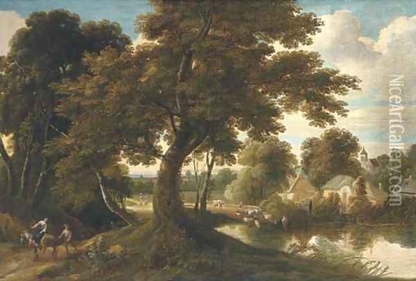 A wooded village landscape with a drover and his cattle crossing a ford and figures on a track Oil Painting - Jacques d' Arthois