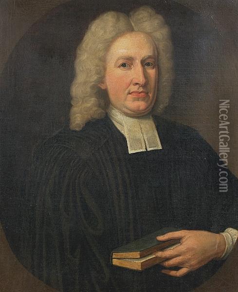Rev Dr William Carlyle, Half Length, Holding A Book Oil Painting - John Scougall