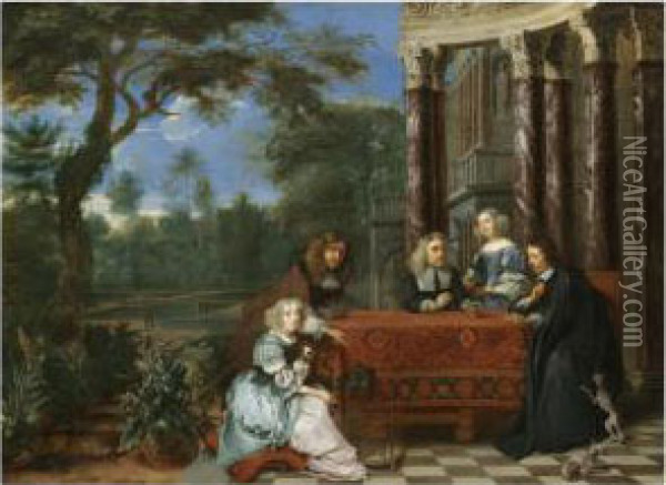 A Family Seated At A Table In An Elegant Garden Exterior Oil Painting - Gonzales Cocques