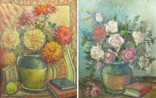 Still Life With Chrisanthemas, Books And Lemon (+ Vase With Roses, Verso) Oil Painting - Margareta Grossman