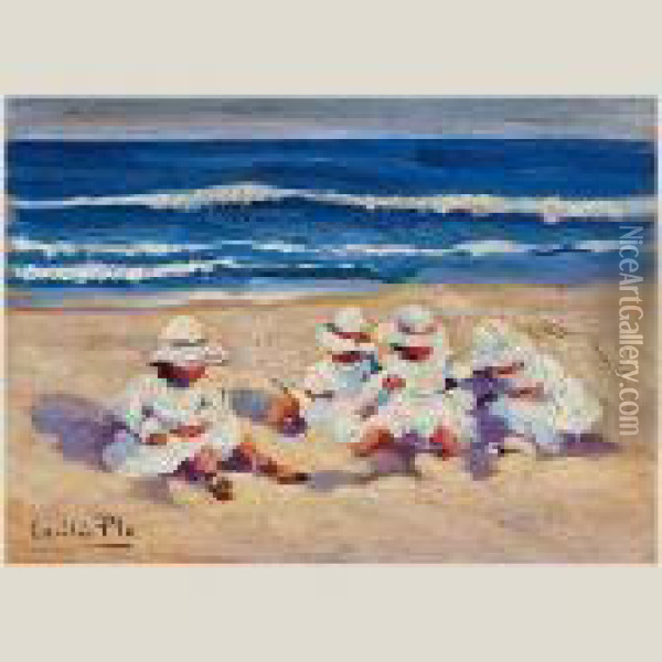Ninos En La Playa Oil Painting - Cecilio Pla Y Gallardo
