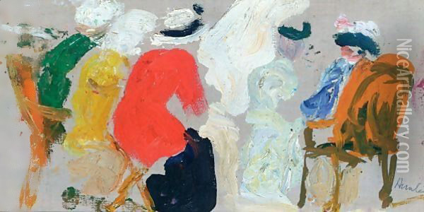 Figures In Conversation, Etaples Oil Painting - George Leslie Hunter