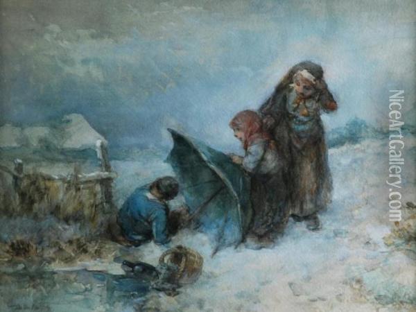 Rural Landscape In Winter With Three Children Oil Painting - Jan Mari Henri Ten Kate