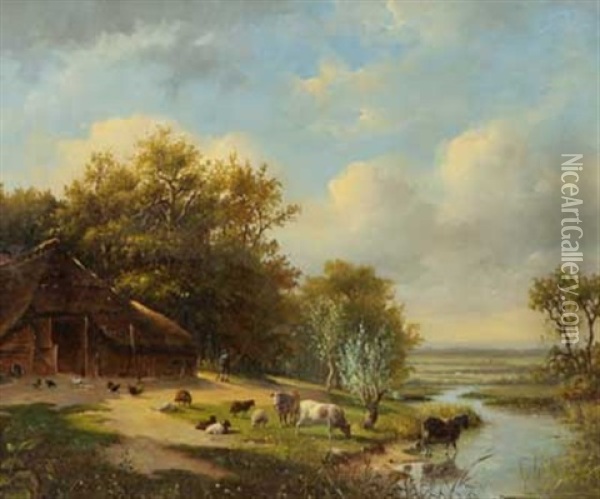 Vieh An Der Tranke Vor Dem Stall Oil Painting - Abraham Hendrik Winter