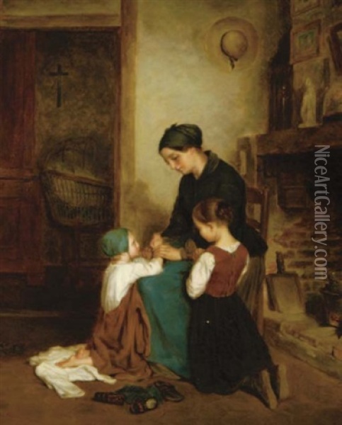 A Mother And Her Two Children Saying Their Prayers Oil Painting - Charles Edouard Frere