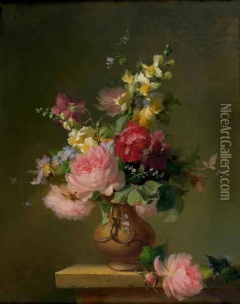 Bouquet De Roses Et Divers Fleurs Dans Un Vase Pose Sur Un Entablement Oil Painting - Francois Rivoire